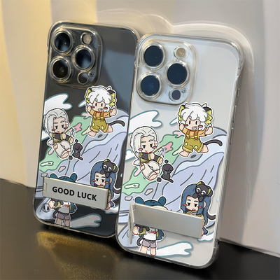 无边框苹果12手机壳带支架小米15ULTRA硬16PLUS卡通透明适用iPhone17开心罗小黑14超薄13ProMax红米TURBO4PRO