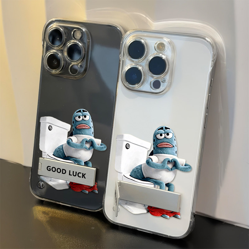 iPhone15马桶比心酷酷鱼红米TURBO5适用苹果14超薄13带支架17air卡通红米k90透明无边框16ProMax手机壳硬可爱