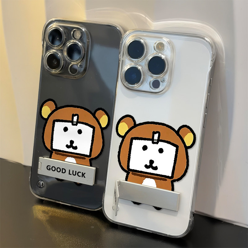 15ProMax适用14超薄17air透明无边框iPhone16可爱红米TURBO5贴脸自嘲熊VIVOx300s手机壳硬苹果13带支架轻松熊
