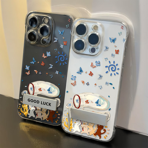 真我NEO7TURBO无边框16手机壳硬苹果15ProMax超薄13带支架iPhone17透明适用华为Pura90猫咪抓蝴蝶14少女心a58