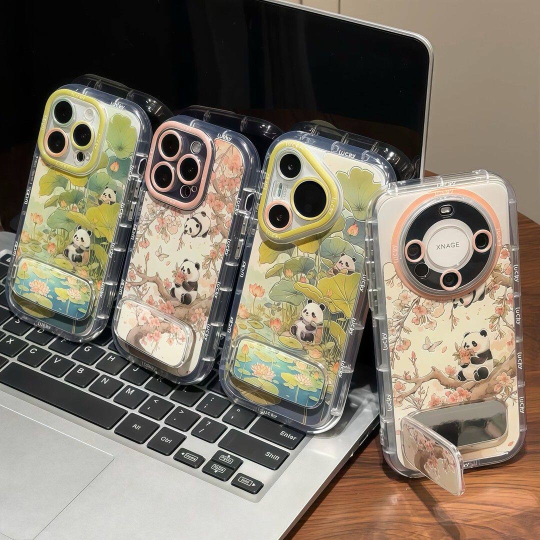 苹果15带镜子支架ins风16PLUS荷叶熊猫手机壳软12ProMax羽纱泡芙卡通适用Nova14高级感iPhone13创意VIVOx200s