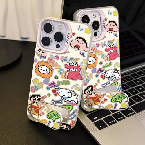 苹果16e适用华为Nova14摇滚小新带镜子支架iPhone15PLUS卡通高级感一加13手机壳彩银硬12ProMax真我NEO7TURBO