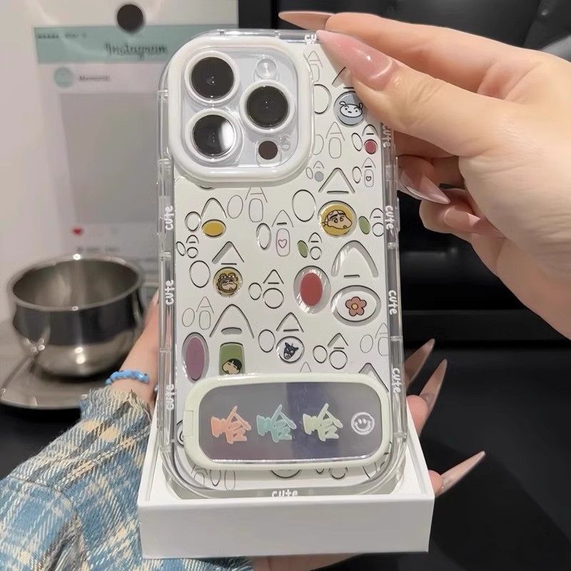 创意OPPORENO14高级感带镜子支架16ProMax哈哈哈小新手机壳软15PLUS适用ins风iPhone13苹果12趣味OPPOFINDX8S