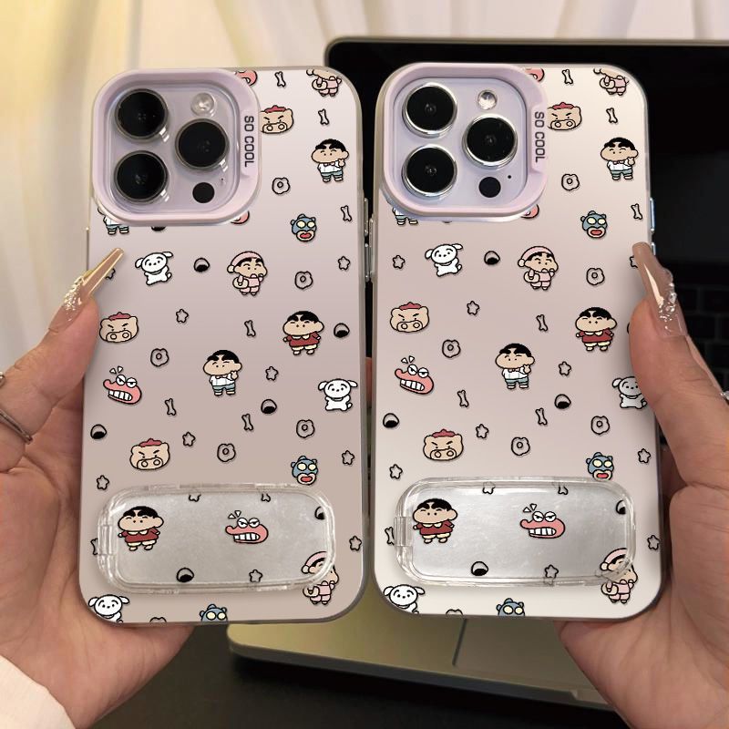 带镜子支架15plus手机壳硬iPhone13彩银12苹果14恐龙小新高级感OPPOFindx8卡通16ProMax适用荣耀x70i卡通s17t
