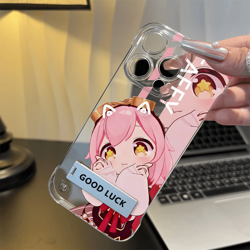适用14ProMax超薄13pm带支架真我GT8Pro托脸永雏塔菲iPhone17透明无边框16手机壳硬苹果15可爱荣耀畅玩70Plus