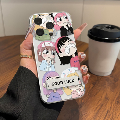 OPPOFINDX8透明超薄苹果14硬高级感13小众适用iPhone12委屈可爱女孩手机壳带支架16Promax无边框小米15荣耀GT