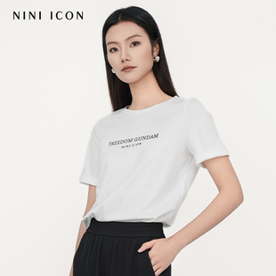 NINI 白色簡(jiǎn)約百搭休閑圓領(lǐng)T恤寬松字母印花上衣 新款 ICON2025夏季