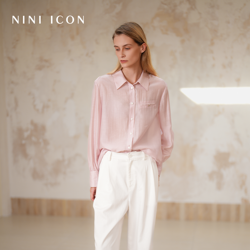 NINI ICON商场同款2025春季新款经典粉色休闲百搭翻领长袖衬衫女