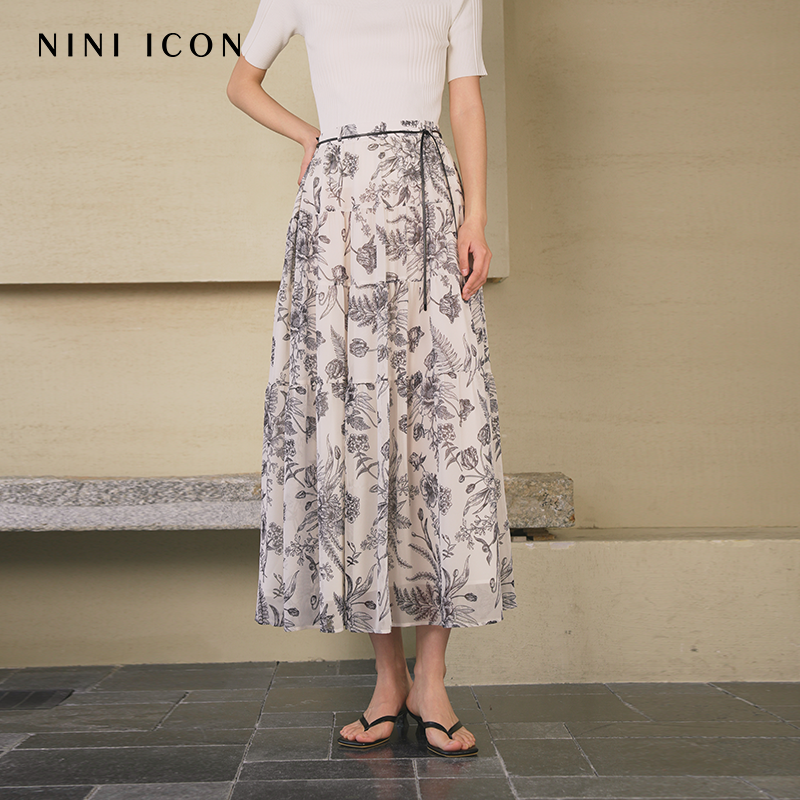 NINI ICON商场同款2025夏季新款高腰A字印花半身裙时尚气质长裙