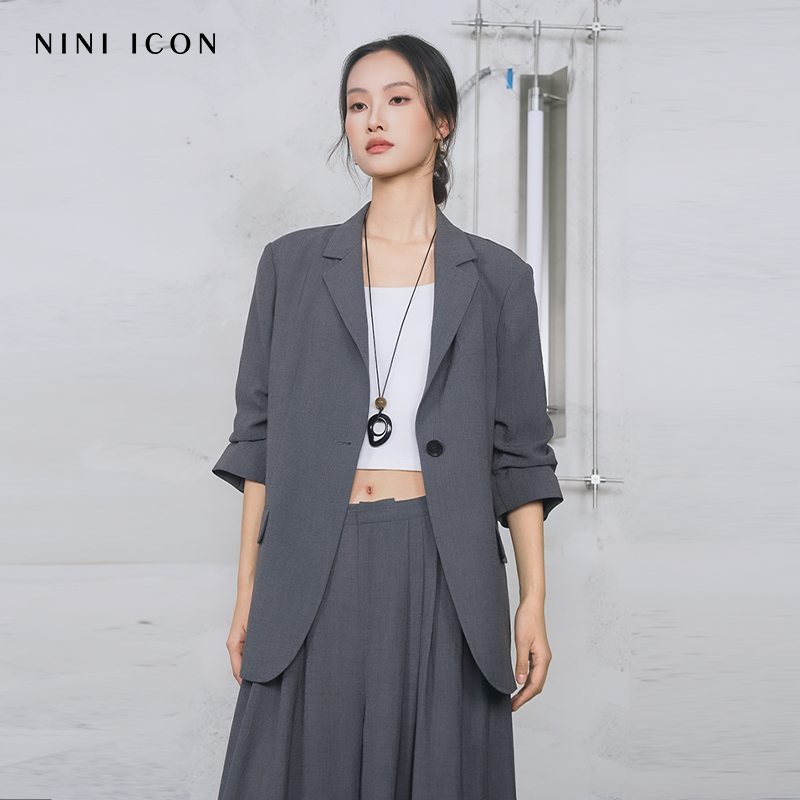 NINI ICON商场同款2025夏落肩美式复古半袖宽松通勤小西