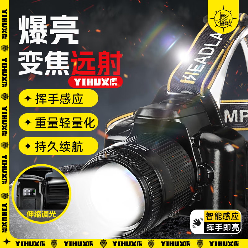 义虎强光头灯超亮户外登山野外爬山充电感应相机头照明灯手电筒