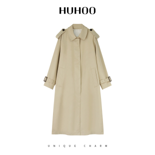 呼呼huhoo 单排扣复古宽松外套 匹马棉天丝再生纤维风衣女中长款