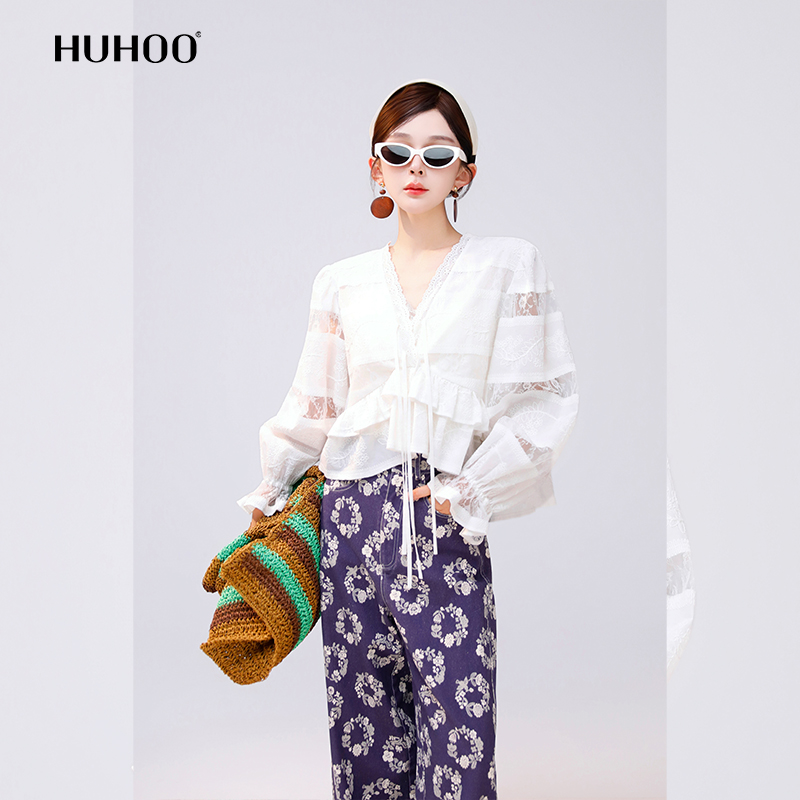 呼呼huhoo 桑蚕丝棉衬衫荷叶边双层V领泡泡袖法式慵懒显瘦