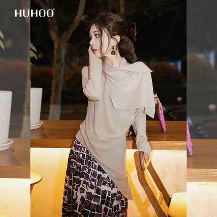 呼呼huhoo 长袖T恤女设计感小众不规则斜襟显瘦修身打底衫上衣