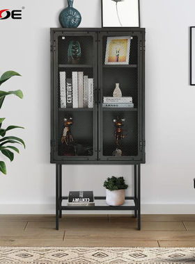 复古风钢制网格置物架金属网门储物柜铁网工业橱柜双层黑色电视柜