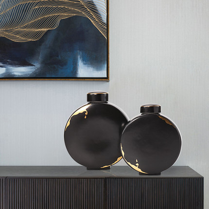 新中式黑色陶瓷罐摆件样板房茶室客厅酒柜玄关酒店售楼部软装饰