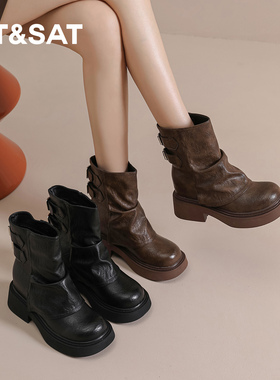 St&Sat/星期六美拉德马丁靴女秋冬加绒褶皱裤管靴堆堆厚底骑士靴