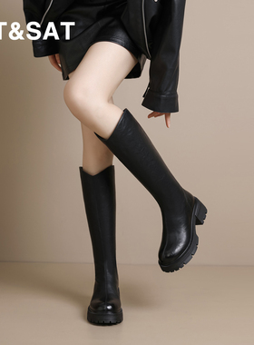 St&Sat/星期六小个子厚底加绒长筒靴女冬季保暖高筒骑士靴瘦瘦靴