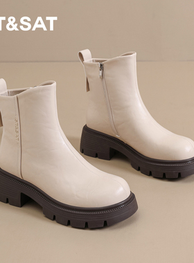 St&Sat/星期六马丁靴女靴秋冬英伦风加绒粗跟短靴百搭软底时装靴