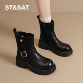 St&Sat 星期六厚底加绒马丁靴女秋冬百搭短靴增高显瘦骑士时装 靴