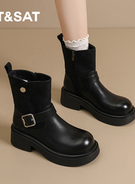 St&Sat/星期六厚底加绒马丁靴女秋冬百搭短靴增高显瘦骑士时装靴