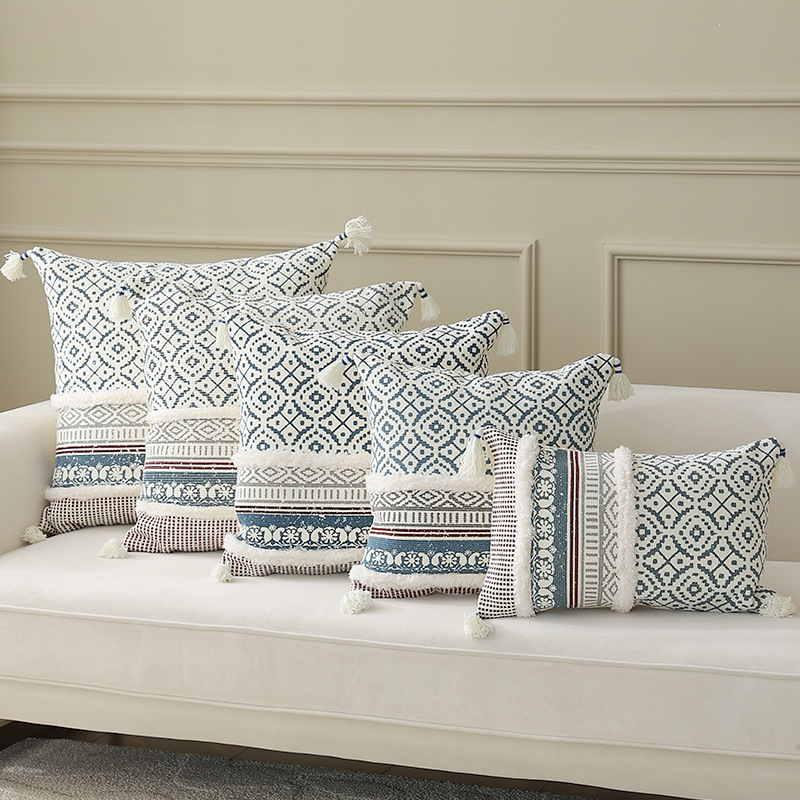 复古丝网印花流苏抱枕套