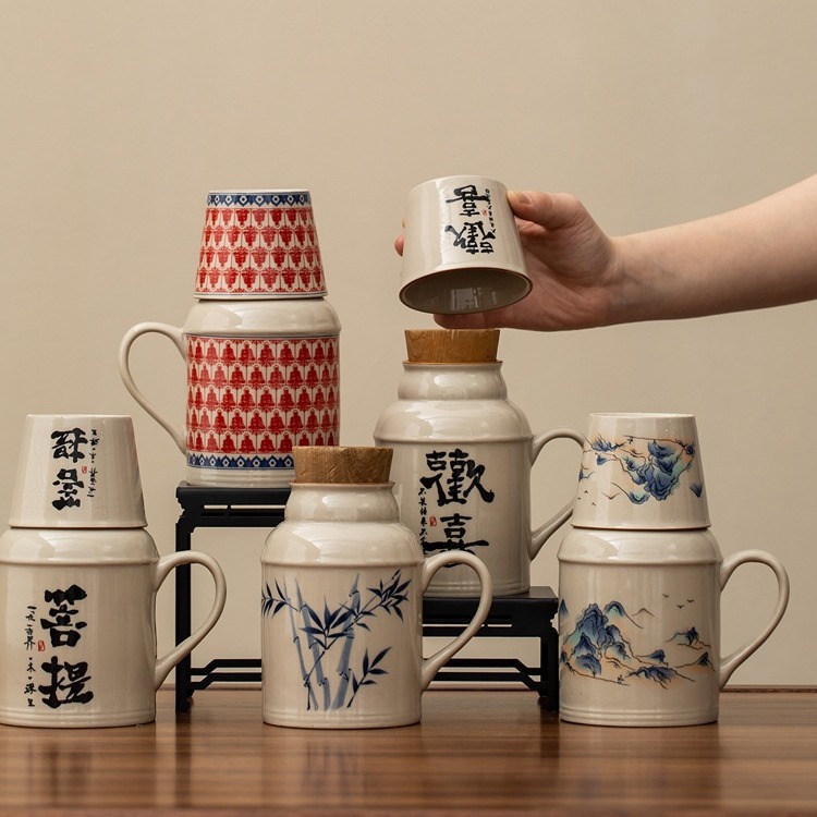 汝窑万花小暖壶家用带盖马克杯大容量陶瓷暖手瓶办公室泡茶壶茶杯