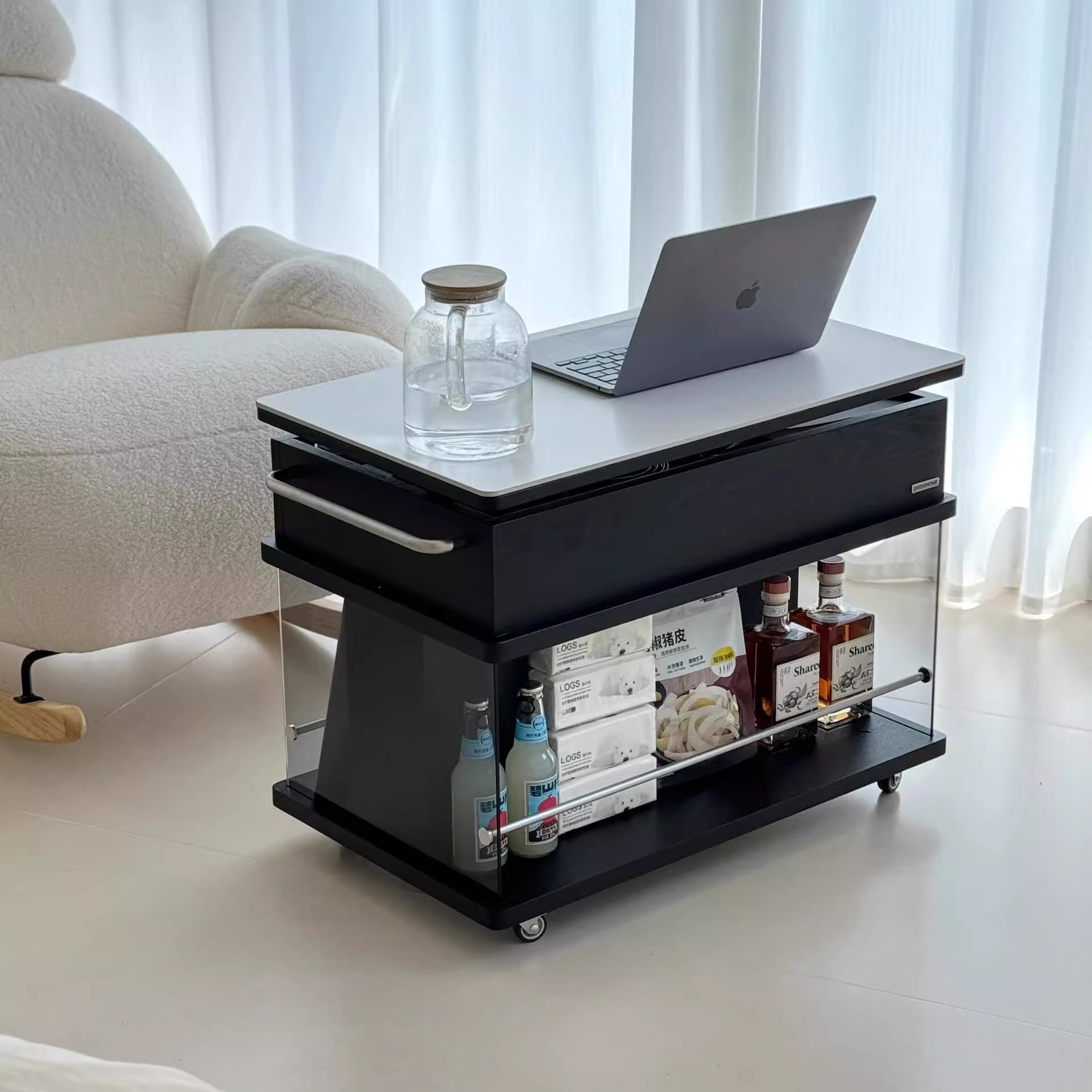 森活岛沙发边几可移动升降岩板小推车实木小户型客厅家用茶几
