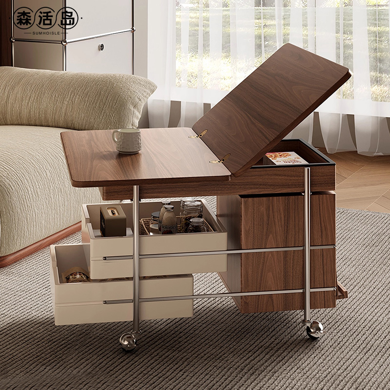 森活岛茶几客厅家用小户型可移动折叠小桌子实木小推车沙发边几柜