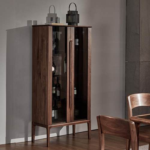 北美黑胡桃木实木酒柜北欧简约客厅靠墙玻璃门展示柜电视边柜高柜