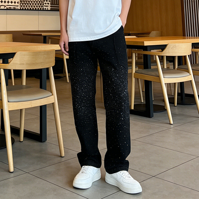 美式重工满天星烫钻男直筒牛仔裤
