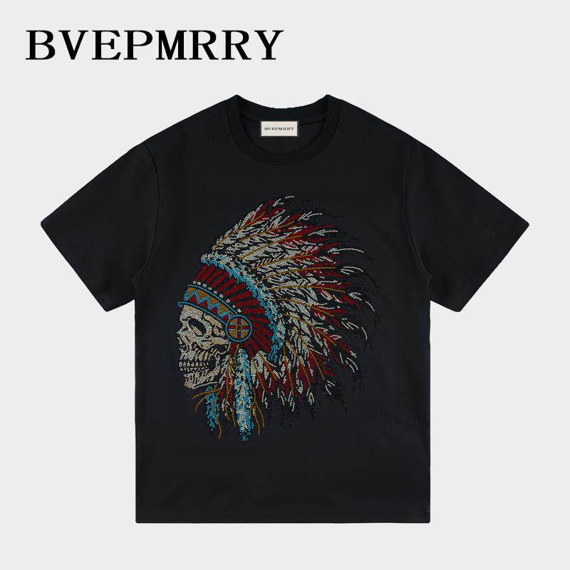 BVEPMRRY夏季轻奢新款美式欧美潮牌骷髅头烫钻ins短袖T恤印第安人
