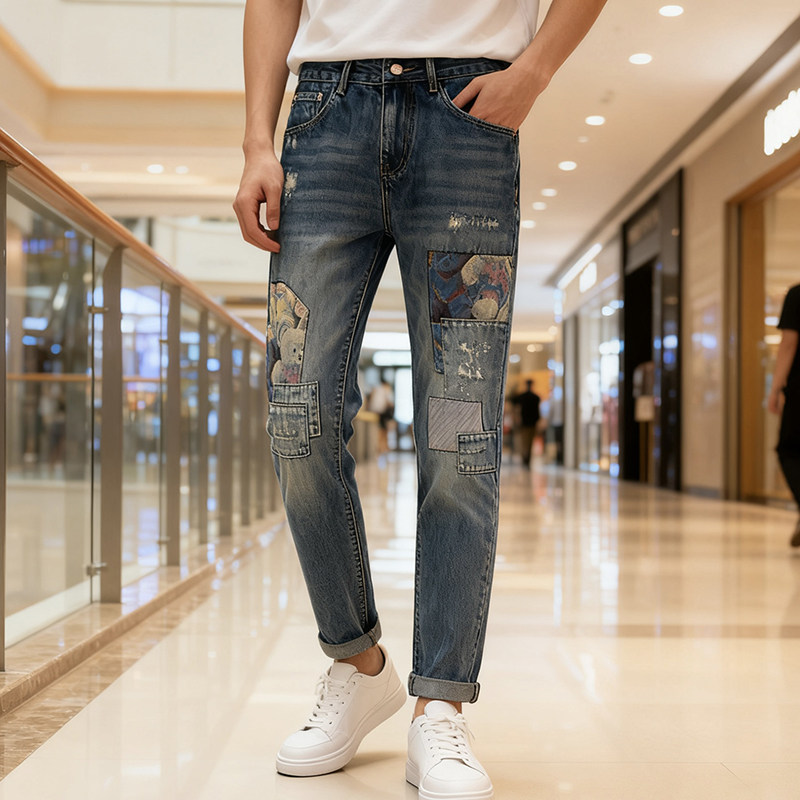 BVEPMRRY男款3D小熊锥形牛仔裤