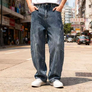 BVEPMRRY美式复古水洗做旧弯刀裤男2025新款宽松直筒阔腿牛仔裤子