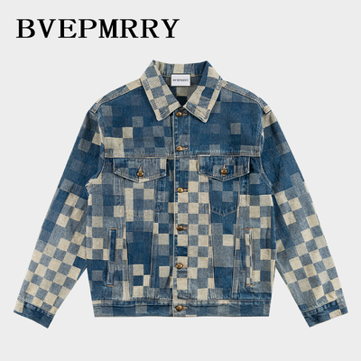 潮牌棋盘格子牛仔外套男