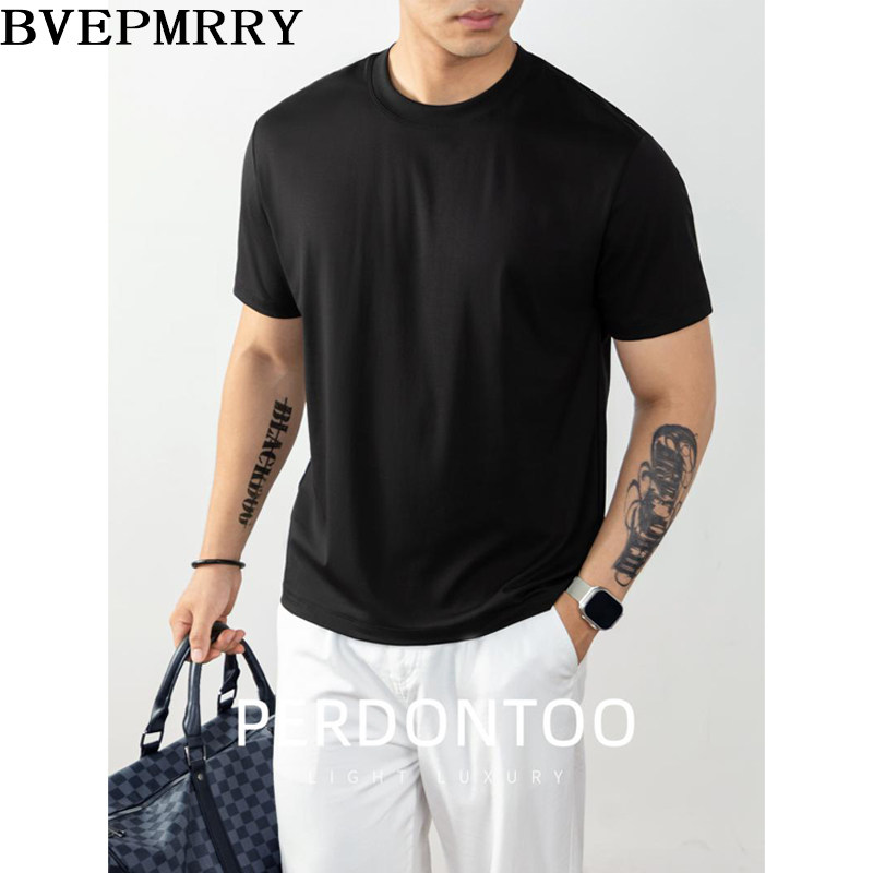 BVEPMRRY高支高密轻奢潮流高端纯色透气凉感液氨丝光棉短袖T恤男