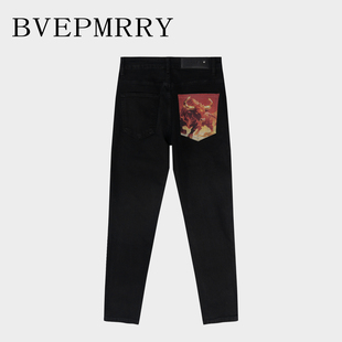BVEPMRRY高街潮牌印花牛仔裤男修身小脚黑色个性痞帅潮裤休闲长裤