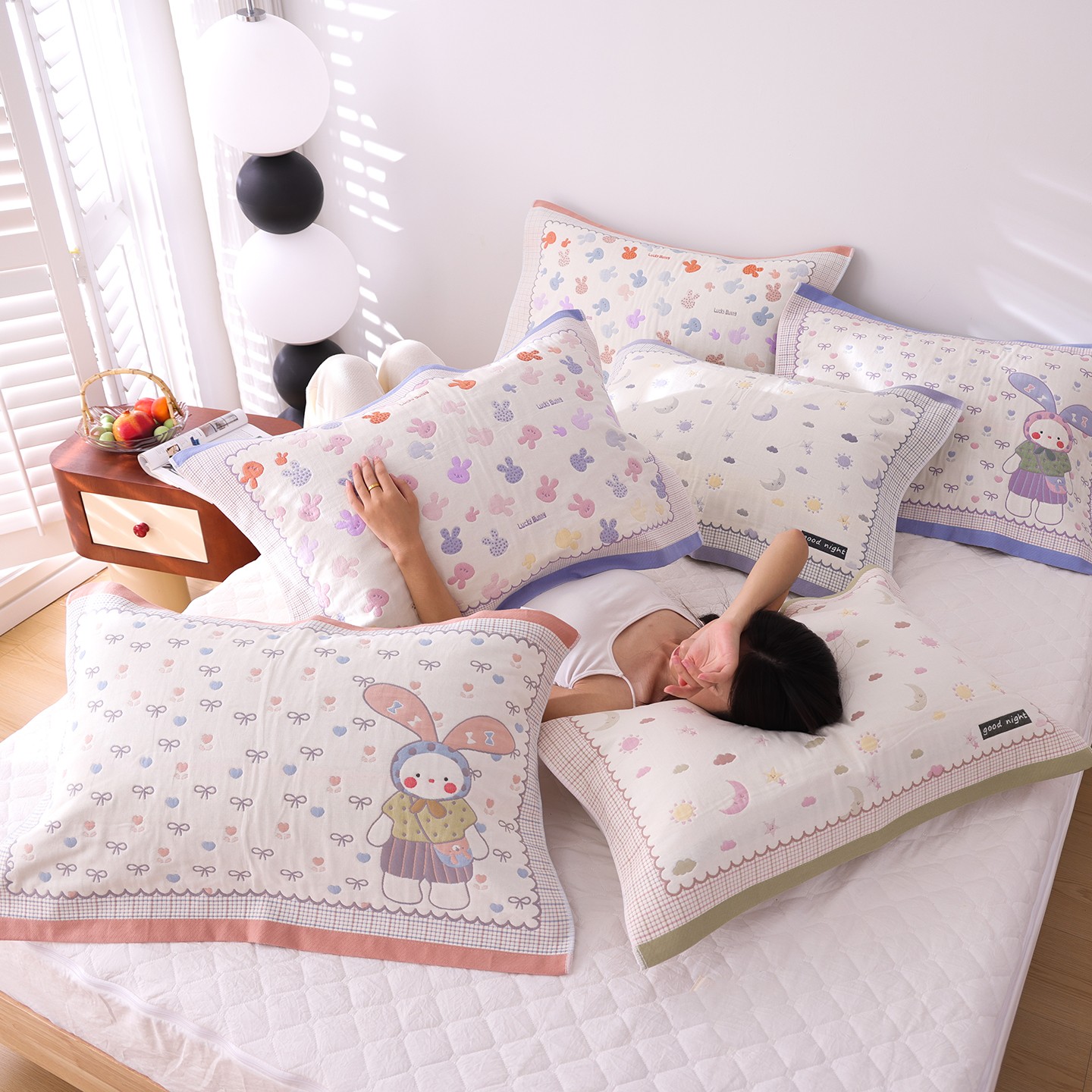 高密纯棉纱布卡通柔软枕巾一对装