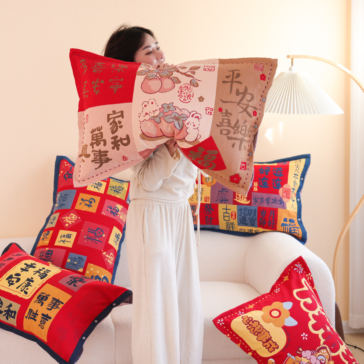 喜庆纯棉纱布枕套一对按扣枕头套