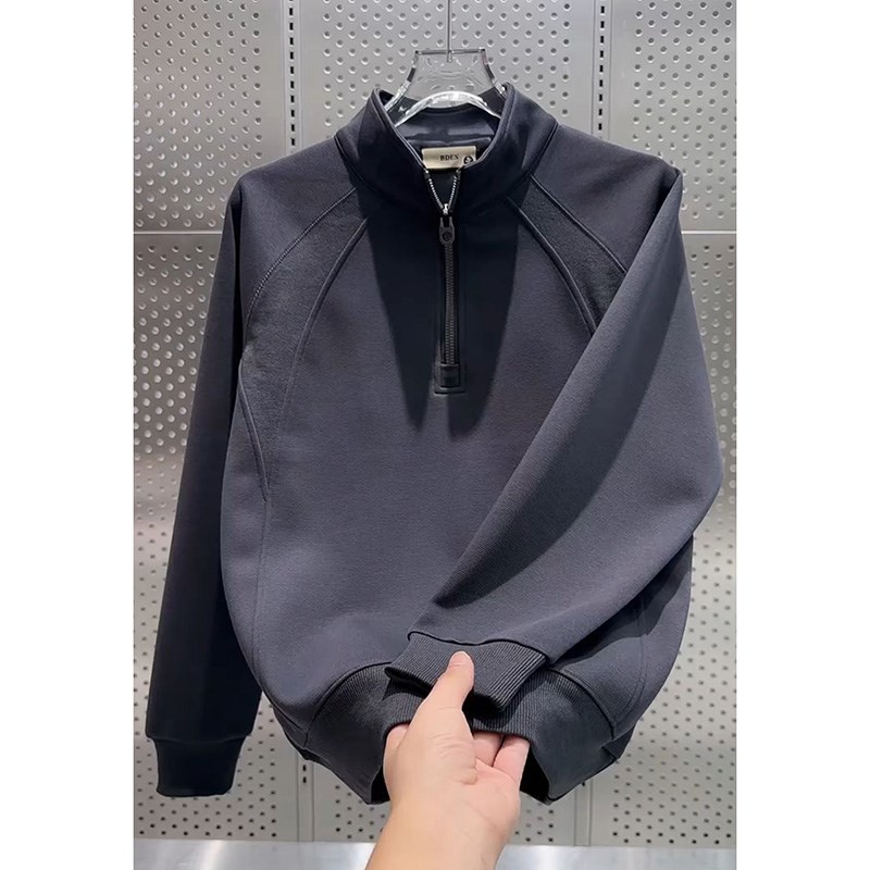 秋冬简约气质纯色拼接半s拉链立领卫衣高街重磅打底衫痞帅青年上