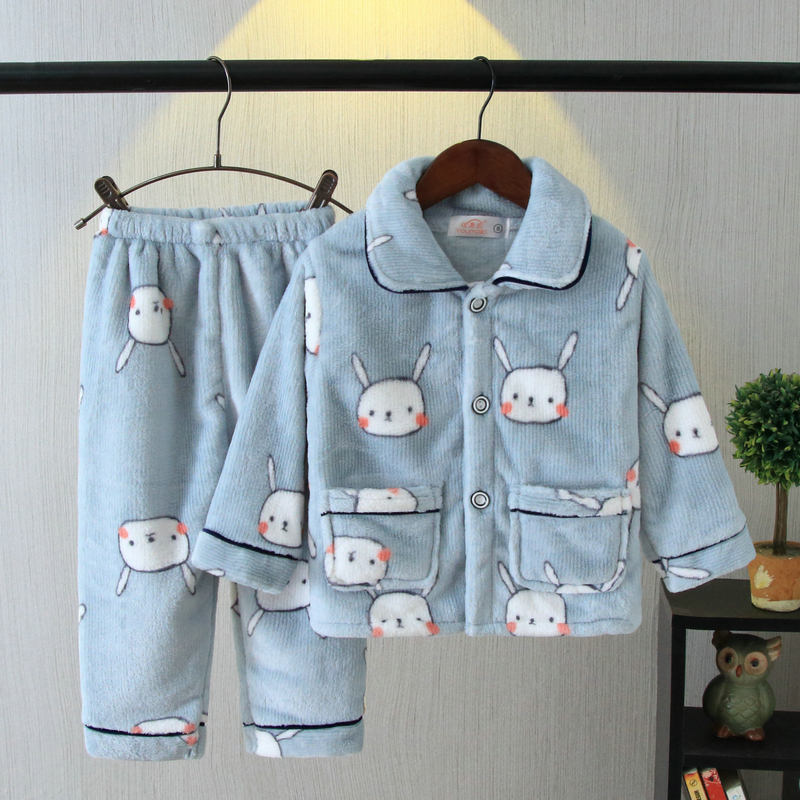 秋冬季儿童法兰绒睡衣单层加厚男孩女童宝宝珊瑚T绒家居服套装韩