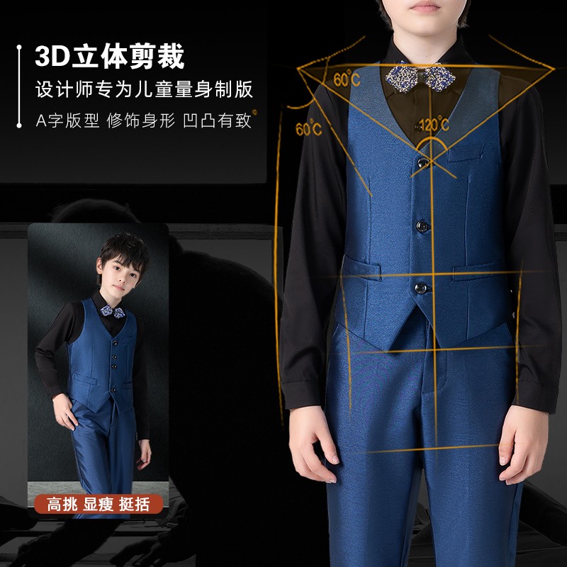 儿童西服套装男童走秀钢琴表w演花童礼服舞台主持人复古蓝色小西
