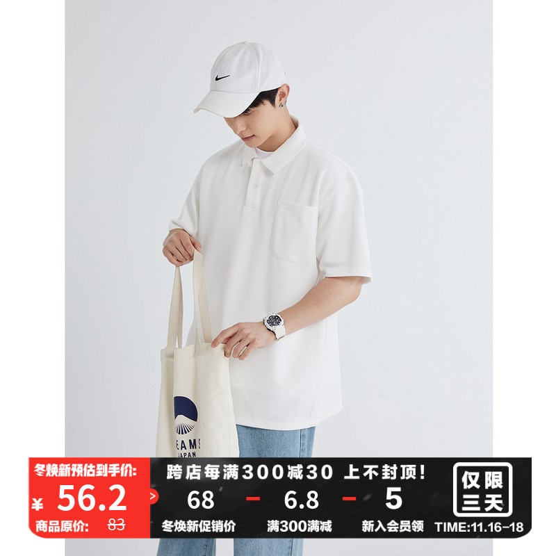 夏季新款日系宽松阔形短r袖口袋polo衫男五分袖上衣T恤休闲潮