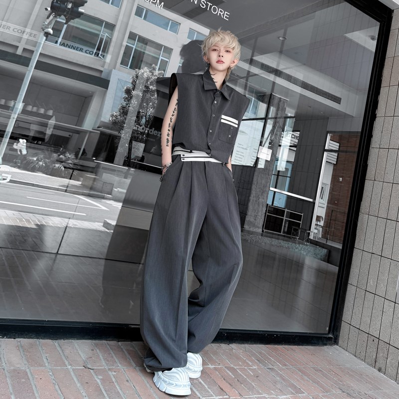 2025夏装韩版拼色无q袖衬衫马甲套装男腰头设计阔腿西裤痞帅发型