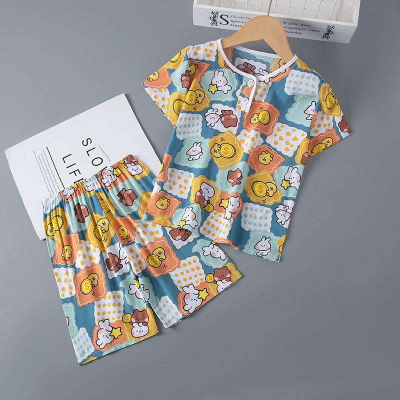 夏季儿童绵绸卡通睡衣q男童短袖短裤小男孩棉绸家居服女童薄款套