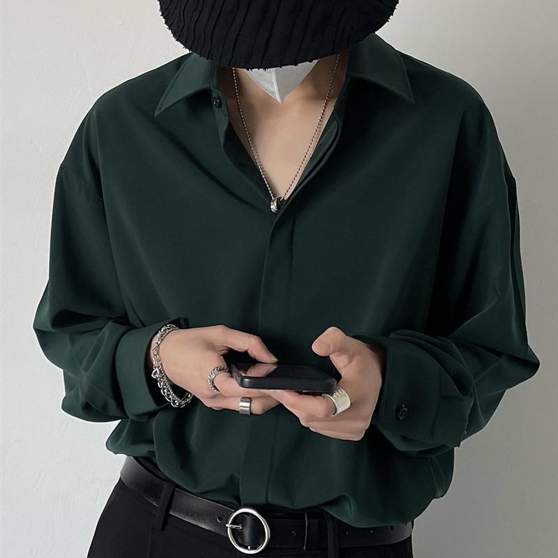 SF/春秋气质款长袖p衬衫韩风潮流复古痞帅男生高级垂感宽松版衬衣