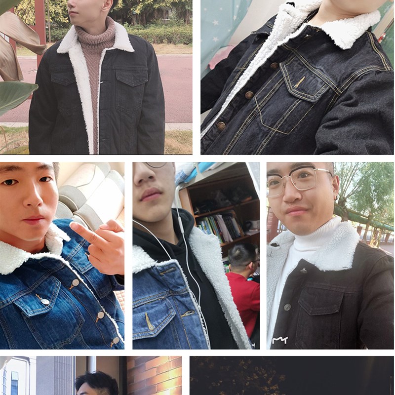 冬季加绒牛仔外套男修身加厚夹克仿羊羔毛L青少年棉衣棉服男秋冬