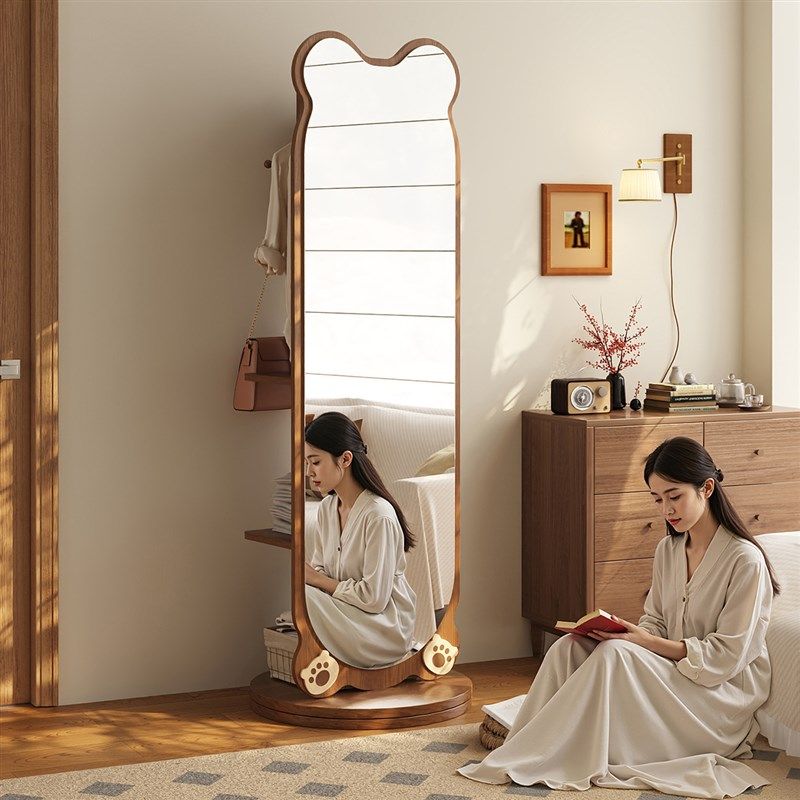 实木全身镜落地镜家用卧室可旋转移动试衣镜子带挂U衣架一体穿衣