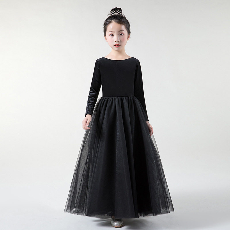 小学生裙晚礼服黑色长p袖丝绒女童钢琴演出服公主裙小提琴演奏春