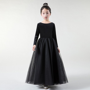 小学生裙晚礼服黑色长p袖丝绒女童钢琴演出服公主裙小提琴演奏春